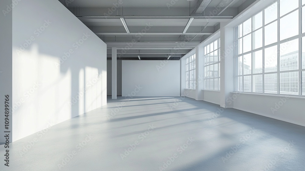 Modern Open Plan Empty Office With White Blank Wall. Modern Open Plan Empty Office With White Blank Wall.