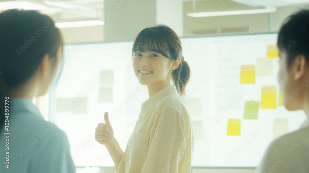 Obraz premium 同僚に向けて親指を立てて笑顔を送るビジネスウーマン