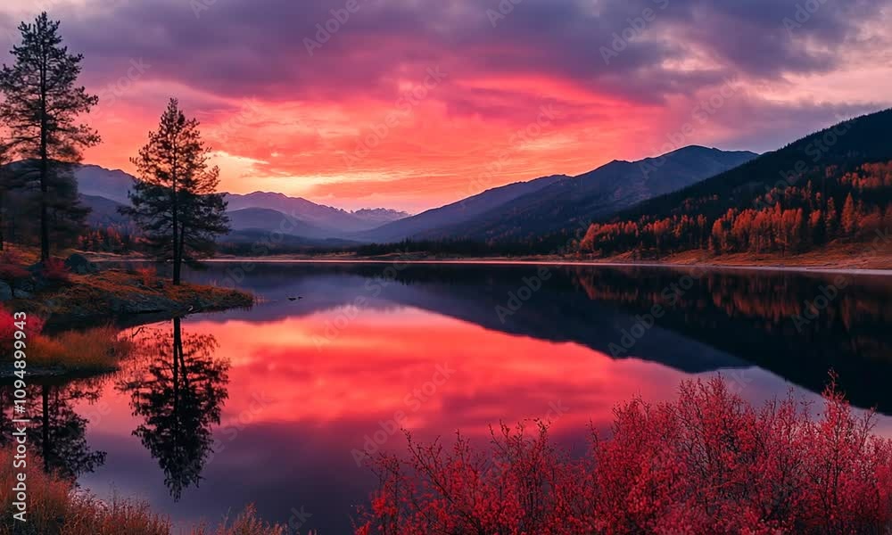Serene lake at sunset with vibrant colors and reflections. Serene lake at sunset with vibrant colors and reflections.