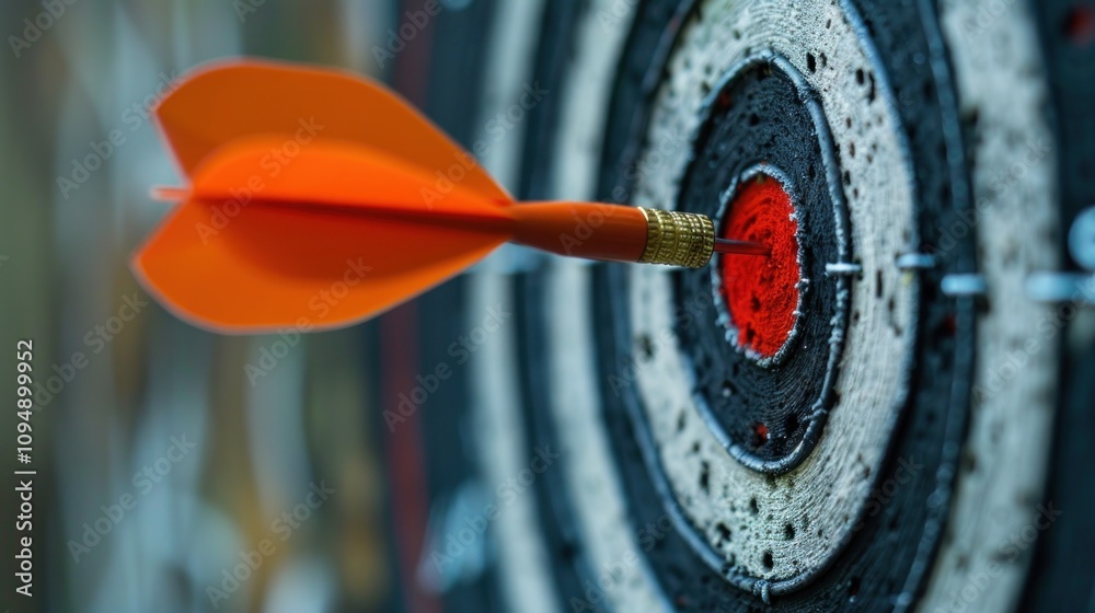 An orange dart is embedded in the center of a bullseye target, showcasing precision in darts. An orange dart is embedded in the center of a bullseye target, showcasing precision in darts.