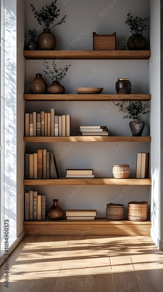 An office space with bright lighting and white walls in a modern, minimalistic style. Widely spaced shelves in light brown and beige tones are neatly arranged with a few books, elegant ornaments. An office space with bright lighting and white walls in a modern, minimalistic style. Widely spaced shelves in light brown and beige tones are neatly arranged with a few books, elegant ornaments.