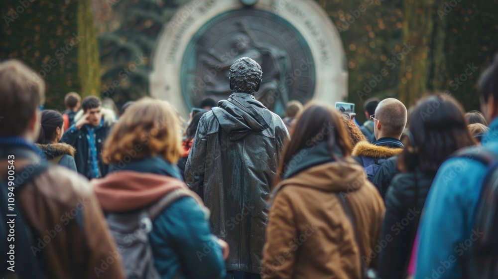 A crowd gathers around a statue, capturing a moment in a public space. A crowd gathers around a statue, capturing a moment in a public space.