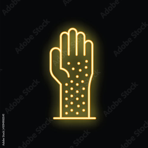 Glowing neon line icon of a hand with eczema showing symptoms on the skin, isolated on a black background