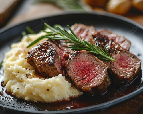 delicately cooked lamb medallions with fresh rosemary and creamy mashed potatoes photo