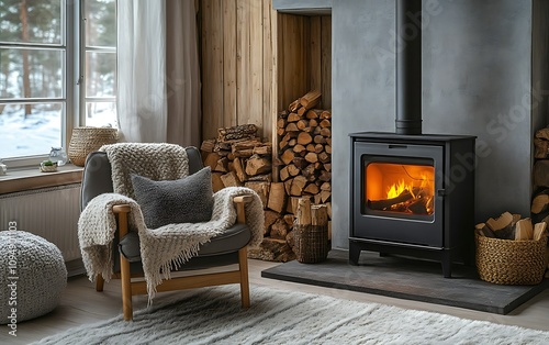 Cozy living room with fireplace and armchair by the window in winter. photo