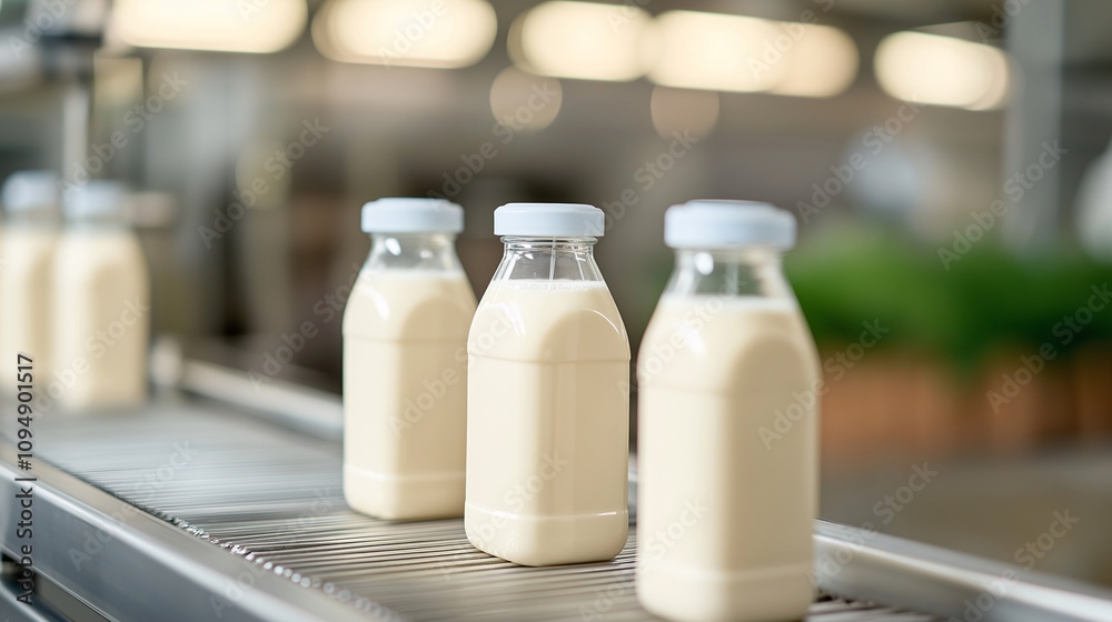 Bottles of Fresh Milk on Production Line with Conveyor Belt in Dairy Factory Setting and Natural Light from Above in Blurred Background Bottles of Fresh Milk on Production Line with Conveyor Belt in Dairy Factory Setting and Natural Light from Above in Blurred Background