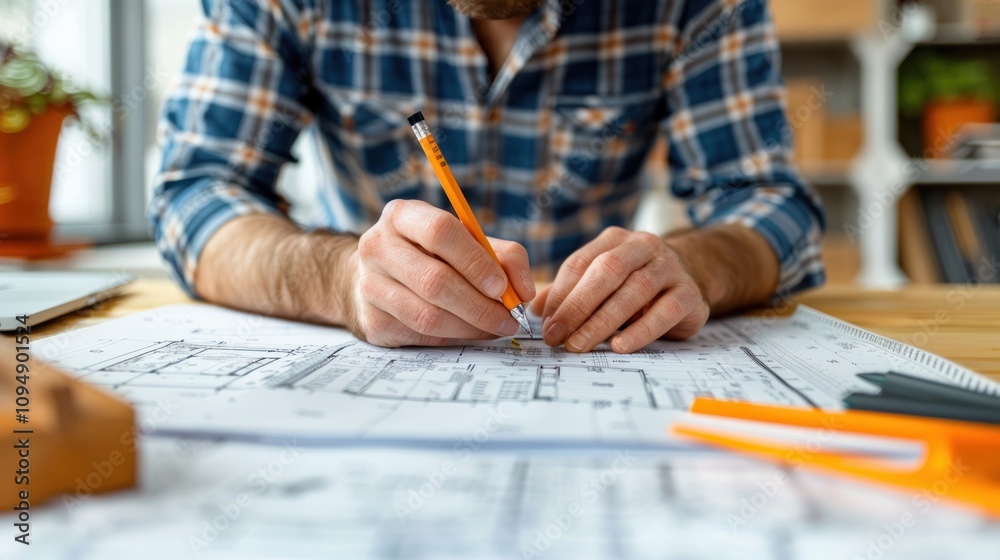 A person sketching architectural plans with a pencil on a wooden table. A person sketching architectural plans with a pencil on a wooden table.