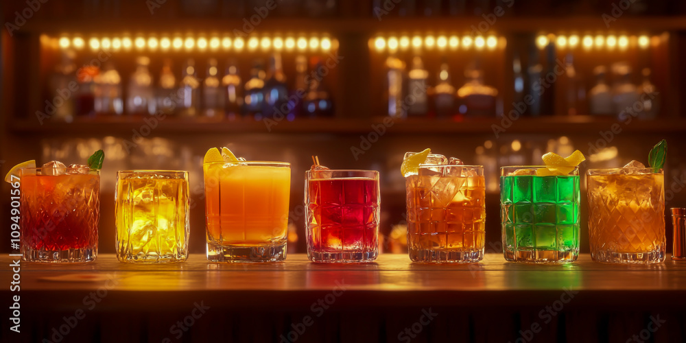 Colorful drinks in glasses lined up at a bar counter Colorful drinks in glasses lined up at a bar counter