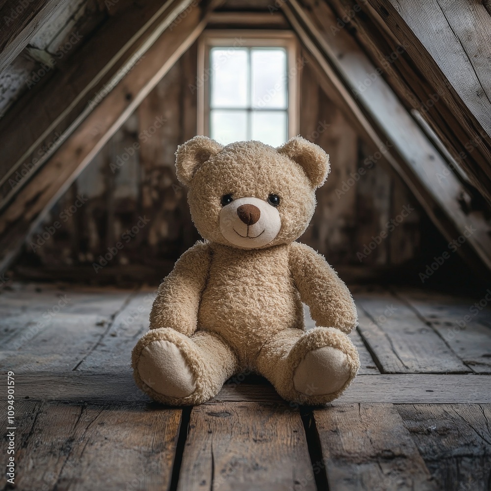 Obraz premium Lonely Teddy Bear in Dusty Attic with Soft Lighting