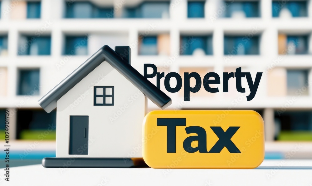 Fototapeta premium An illustration depicting property tax with a small house model and a yellow tax sign, symbolizing real estate finance.