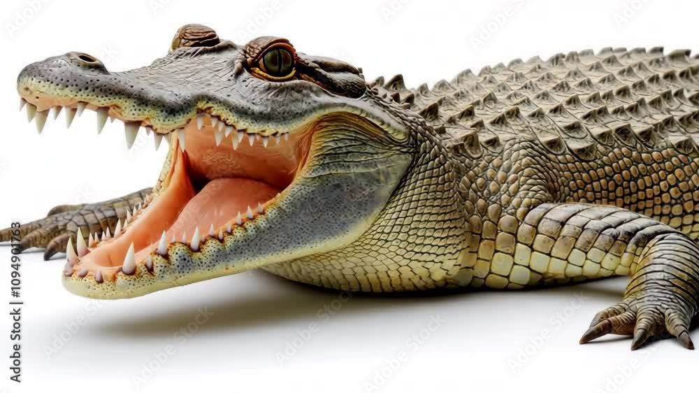 A crocodile is laying on its back with its mouth open. The crocodile is white and has a black snout A crocodile is laying on its back with its mouth open. The crocodile is white and has a black snout