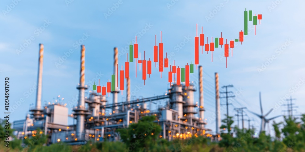 Obraz premium An industrial complex with a financial chart overlay, symbolizing growth and energy market dynamics.