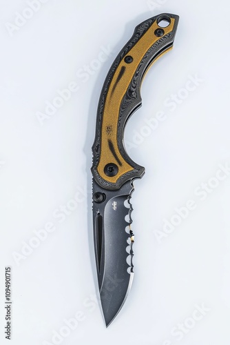 Folding knife, serrated blade, tactical design. photo