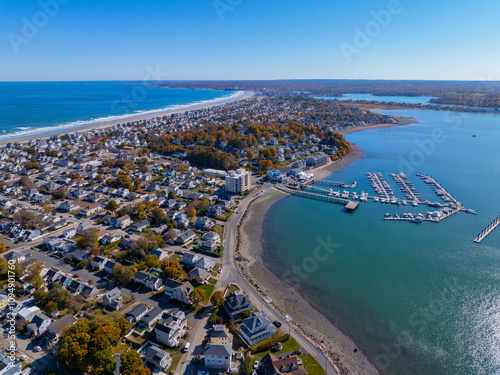 Yachts Marina at Safe Harbor Sunset Bay aerial view in Hull Bay in Allerton Village, Town of Hull, Massachusetts MA, USA.  photo