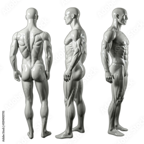 Set bundle white full body shiny glossy muscular male man mannequin dummy sculpture front back side view on transparent cutout PNG Many different angle Mockup template artwork graphic design 300dpi photo