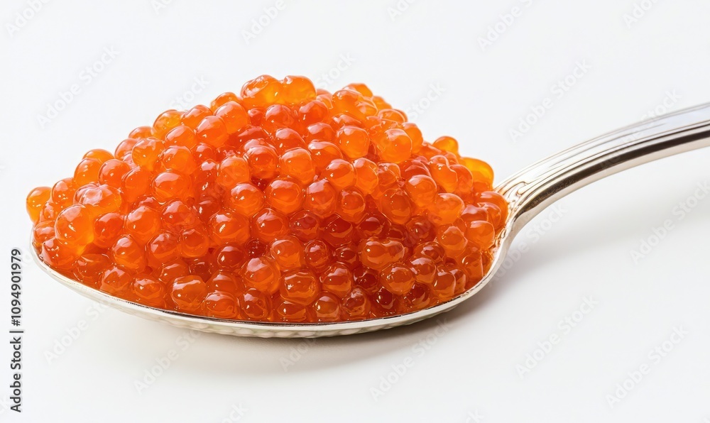 Bright orange salmon roe caviar served on a silver spoon, showcasing its glossy texture and vibrant color for culinary delights. Bright orange salmon roe caviar served on a silver spoon, showcasing its glossy texture and vibrant color for culinary delights.