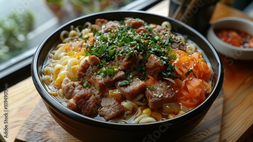 Delicious bowl of warm noodles topped with tender meat and fresh herbs in a cozy Asian eatery. Generative AI