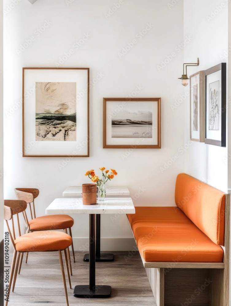 Modern Dining Nook With Orange Seating And Artwork Modern Dining Nook With Orange Seating And Artwork