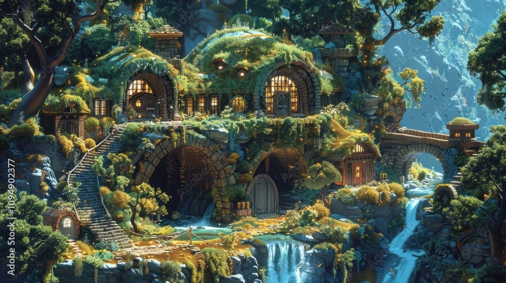 Obraz premium A whimsical, lush hillside village with cozy homes, waterfalls, and vibrant greenery.