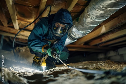 A Professional Worker in Protective Gear Inspects a Crawl Space with a Flashlight, Ensuring Safety and Cleanliness in a Dimly Lit Environment photo