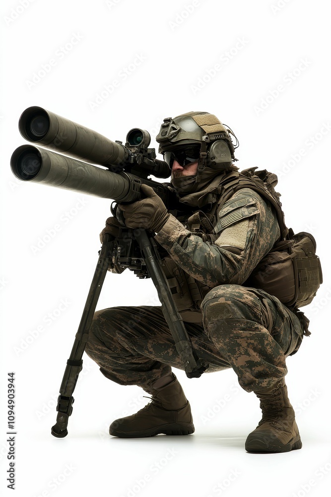 Camouflaged soldier aiming large sniper rifle. Camouflaged soldier aiming large sniper rifle.