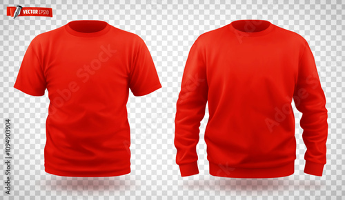 Vector realistic illustration of red sweat-shirt and t-shirt on a transparent background.