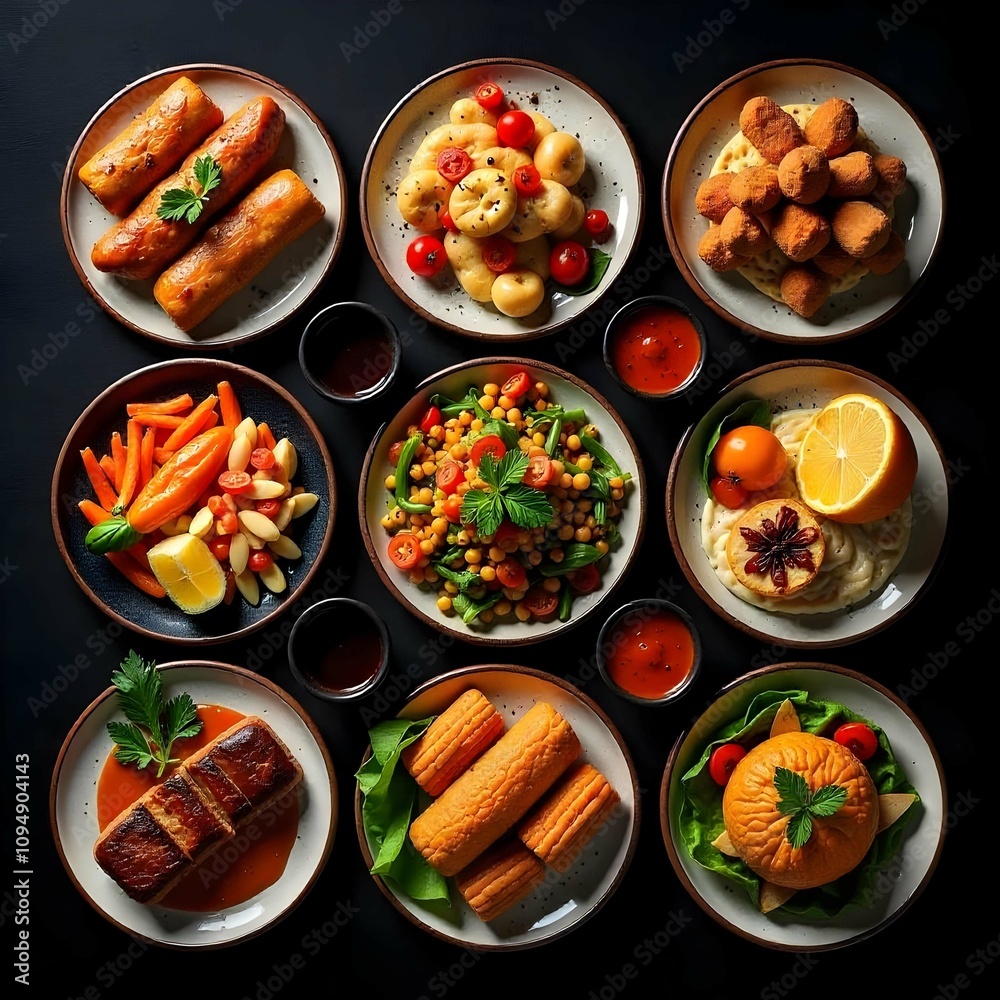 various plates of food isolated on black background, top view various plates of food isolated on black background, top view