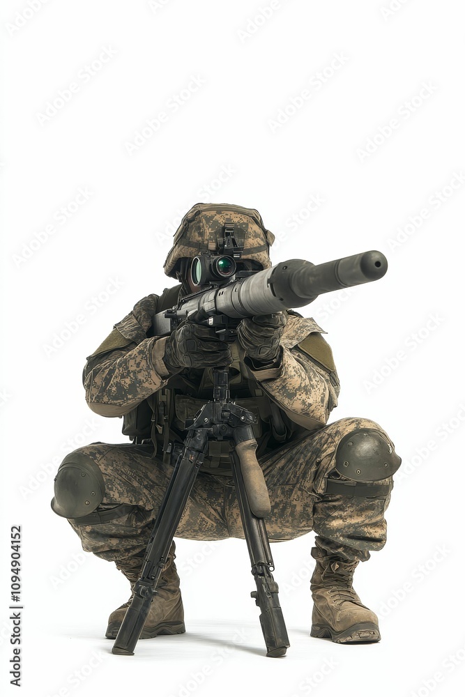 Camouflaged soldier aiming large sniper rifle. Camouflaged soldier aiming large sniper rifle.