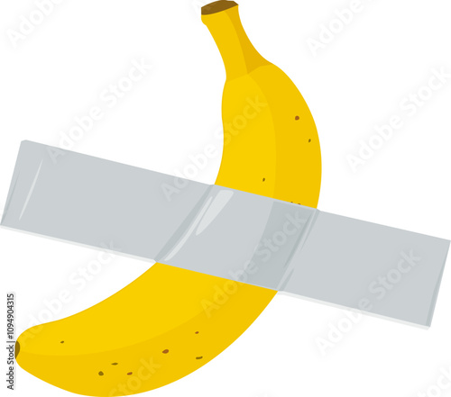 Yellow banana taped to wall with gray duct tape. Modern contemporary art installation. Banana and sticky tape. Vector illustration