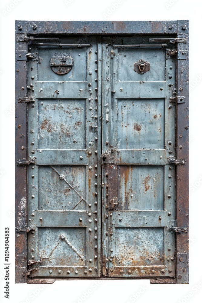 Rusty, riveted, metal double doors. Rusty, riveted, metal double doors.