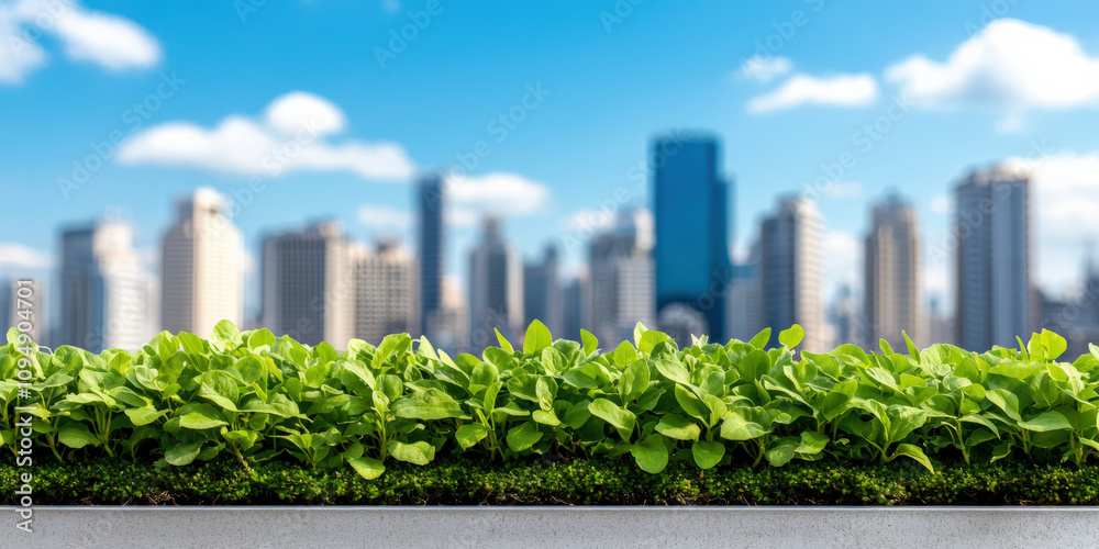 A vibrant green rooftop garden with a blurred city skyline in the background, showcasing urban greenery against a bright blue sky. A vibrant green rooftop garden with a blurred city skyline in the background, showcasing urban greenery against a bright blue sky.