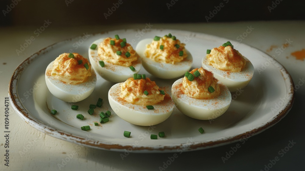 Six deviled eggs are arranged on a rustic plate, topped with spices and fresh herbs. The vibrant colors and textures make them an inviting appetizer for gatherings. Six deviled eggs are arranged on a rustic plate, topped with spices and fresh herbs. The vibrant colors and textures make them an inviting appetizer for gatherings.