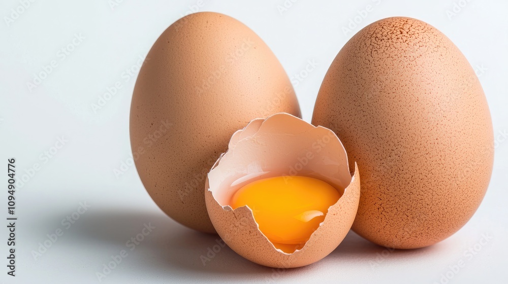 Fresh eggs with a cracked shell revealing a bright yellow yolk, perfect for culinary and nutritional visuals. Fresh eggs with a cracked shell revealing a bright yellow yolk, perfect for culinary and nutritional visuals.