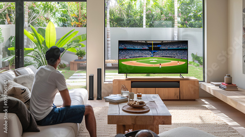 Living room led tv showing baseball game
