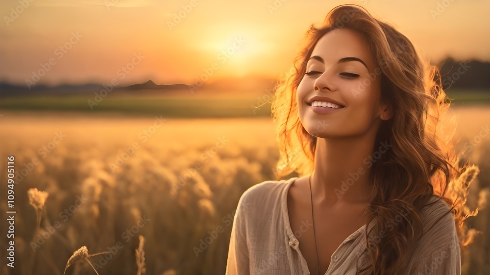 A serene, content, smiling, free woman with her eyes closed and enjoying a lovely time in the fields at sunset is depicted in this backlit portrait. A serene, content, smiling, free woman with her eyes closed and enjoying a lovely time in the fields at sunset is depicted in this backlit portrait.
