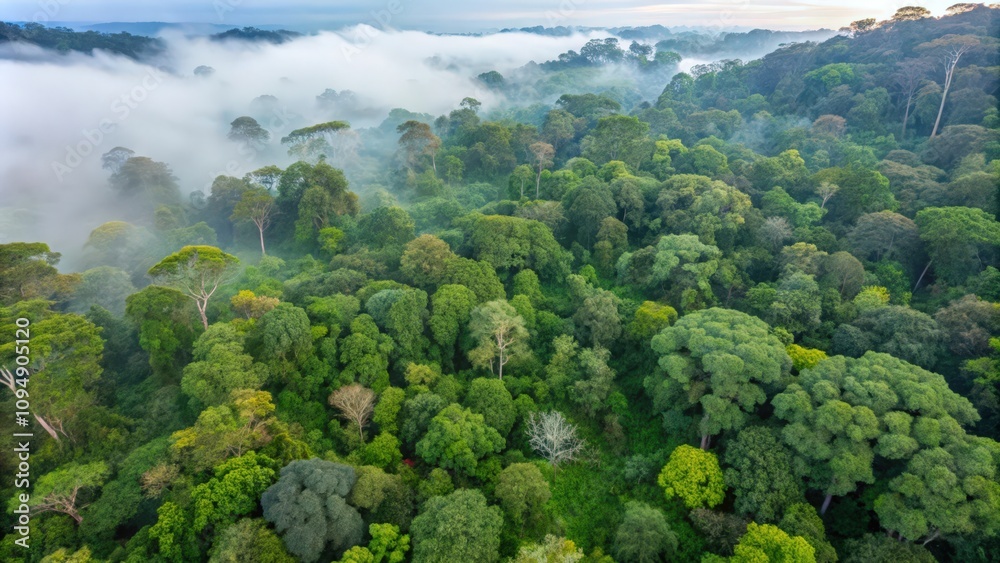 Aerial View of a Dense Green Forest with Fog Rolling Through the Canopy