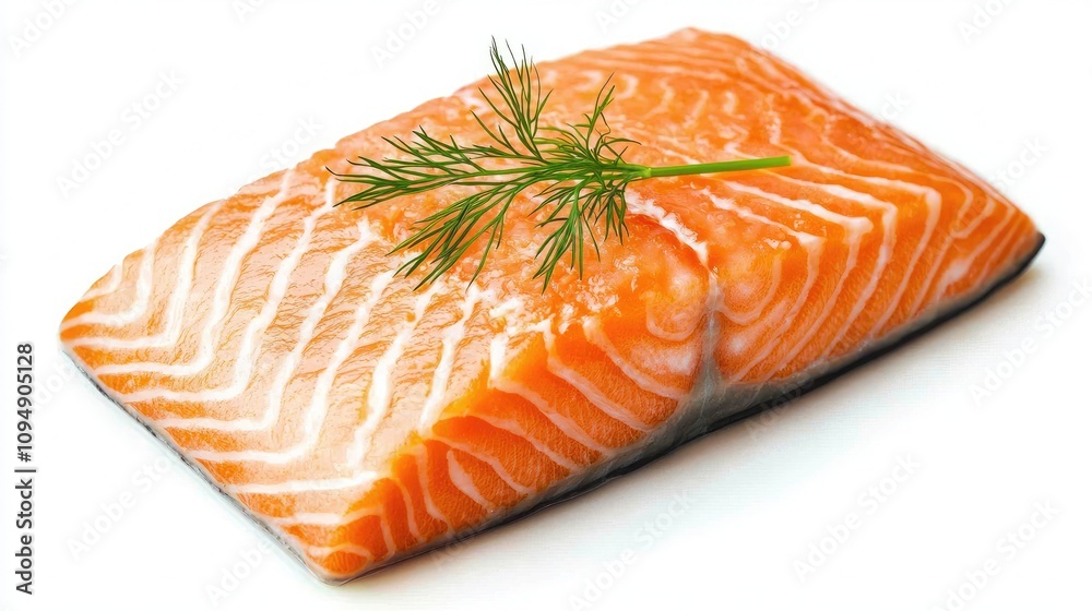 Fresh salmon fillet garnished with dill, perfect for healthy meals or culinary presentations, showcasing its vibrant color and texture. Fresh salmon fillet garnished with dill, perfect for healthy meals or culinary presentations, showcasing its vibrant color and texture.