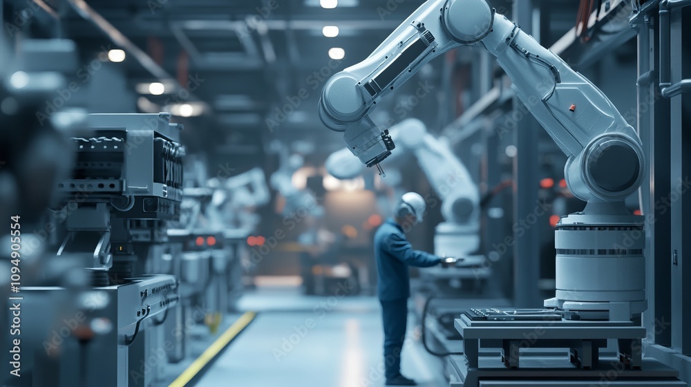 industry 40 factory with industrial engineer working alongside automation robot arms intelligent manufacturing concept 3d rendering industry 40 factory with industrial engineer working alongside automation robot arms intelligent manufacturing concept 3d rendering
