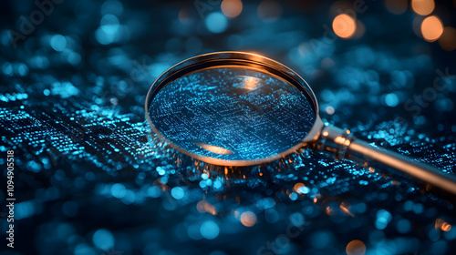 A magnifying glass floating over a blue digital grid background, symbolizing the concept of technology, data analysis, and research. The image emphasizes the magnifying glass as a tool for examining d photo