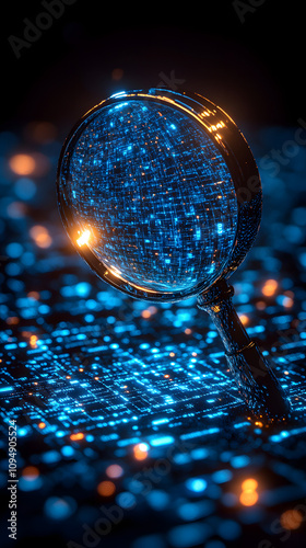 A magnifying glass floating over a blue digital grid background, symbolizing the concept of technology, data analysis, and research. The image emphasizes the magnifying glass as a tool for examining d photo