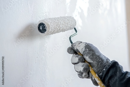A gloved hand uses a paint roller on a wall