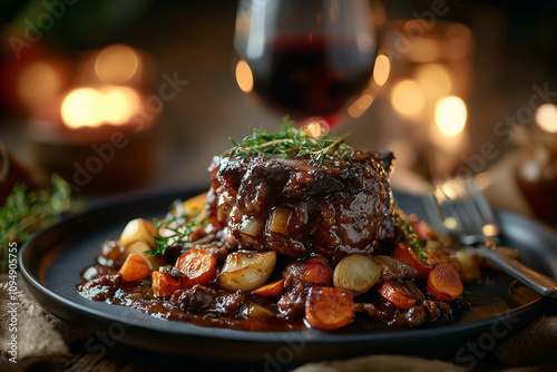 slow-braised oxtail in rich red wine sauce with vegetables and herbs, an indulgent and hearty meal