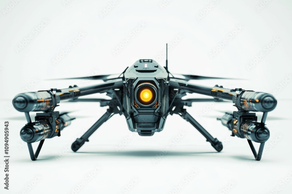 Futuristic drone, armed, menacing, camera. Futuristic drone, armed, menacing, camera.
