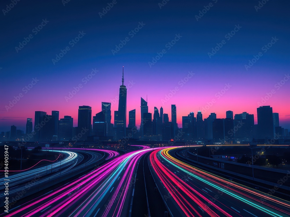 Fototapeta premium City skyline silhouette with colorful light trails of traffic in the foreground, silhouette, traffic, city, urban