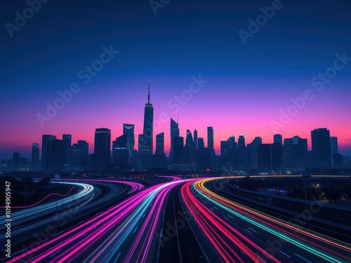 City skyline silhouette with colorful light trails of traffic in the foreground, silhouette, traffic, city, urban