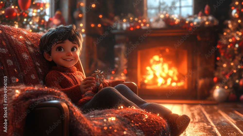 Cozy Christmas Evening by Fireplace: Relaxing Home Scene with Book & Decorations Cozy Christmas Evening by Fireplace: Relaxing Home Scene with Book & Decorations