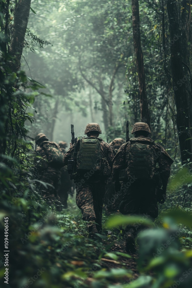 Soldiers patrol misty jungle path, armed. Soldiers patrol misty jungle path, armed.