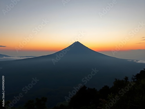 Active Indonesian volcano Batur in the tropical island Bali. Indonesia. Batur volcano sunrise serenity. Dawn sky at morning in mountain. Serenity of mountain landscape, travel concept