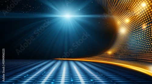 Abstract background with golden spiral, glowing dots, and light swirls in dark blue space