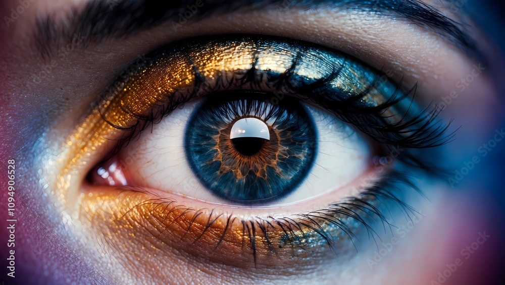 Fototapeta premium Cinematic close-up of a human eye with surreal textures and vibrant golden tones